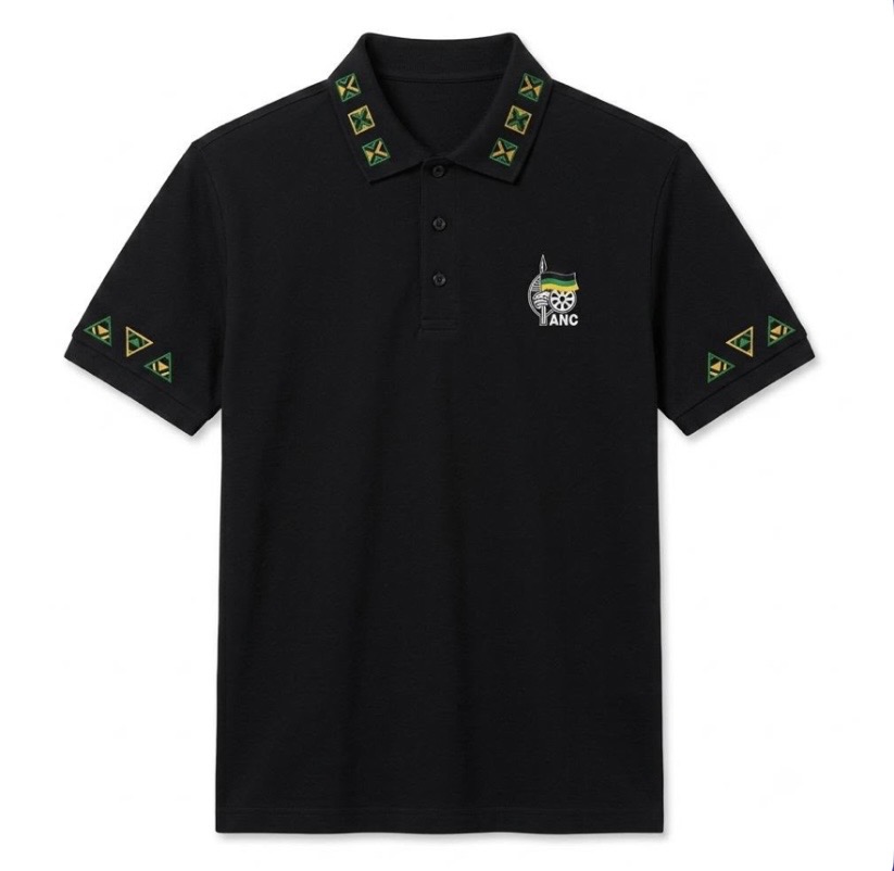 The Presidential Golfer black polo shirt with embroidered ANC chest emblem and geometric collar and sleeve detailing