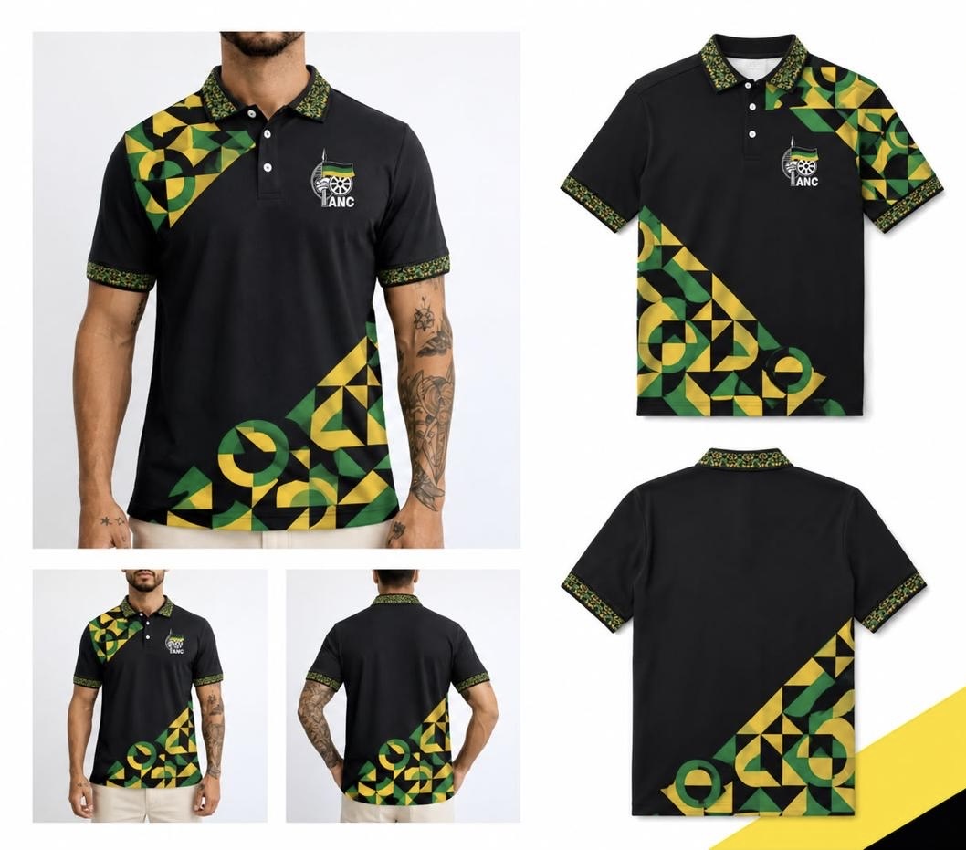 The Manifesto Golfer black polo shirt shown front, back and side with the ANC geometric colourway